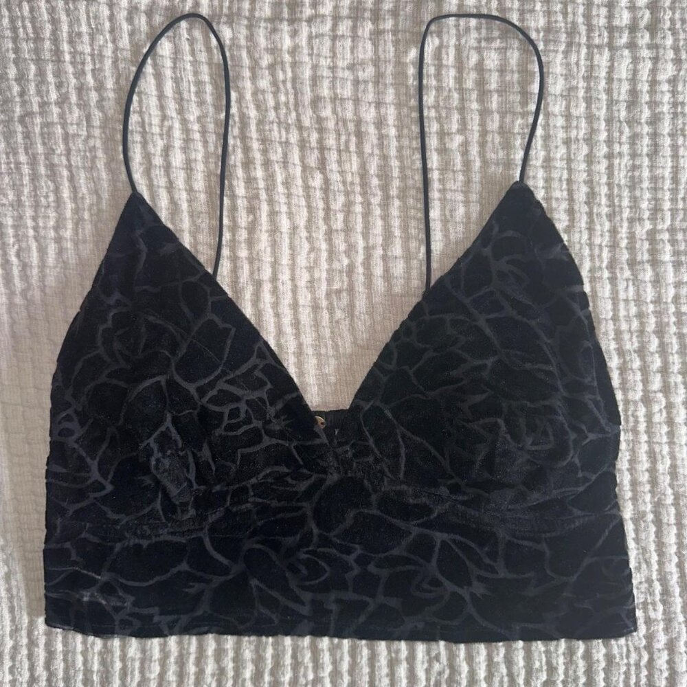 Free People One Carrie Flocked Bralette Cami Longline Corset Black Velvet